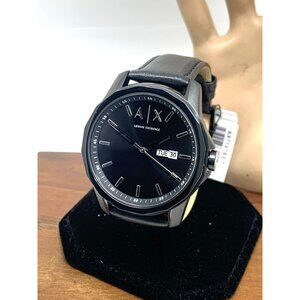 Armani Exchange Men's Watch AX7147 Quartz Black Dial Day Date Leather Band 44mm
